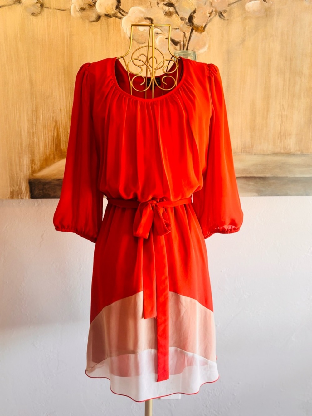 En Focus Studio Coral Chiffon Belted Midi Dress Size 4